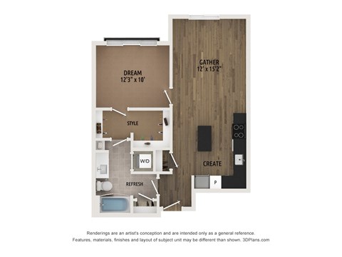 Floor plan for 1 bed, 1 bath, 683 sqft